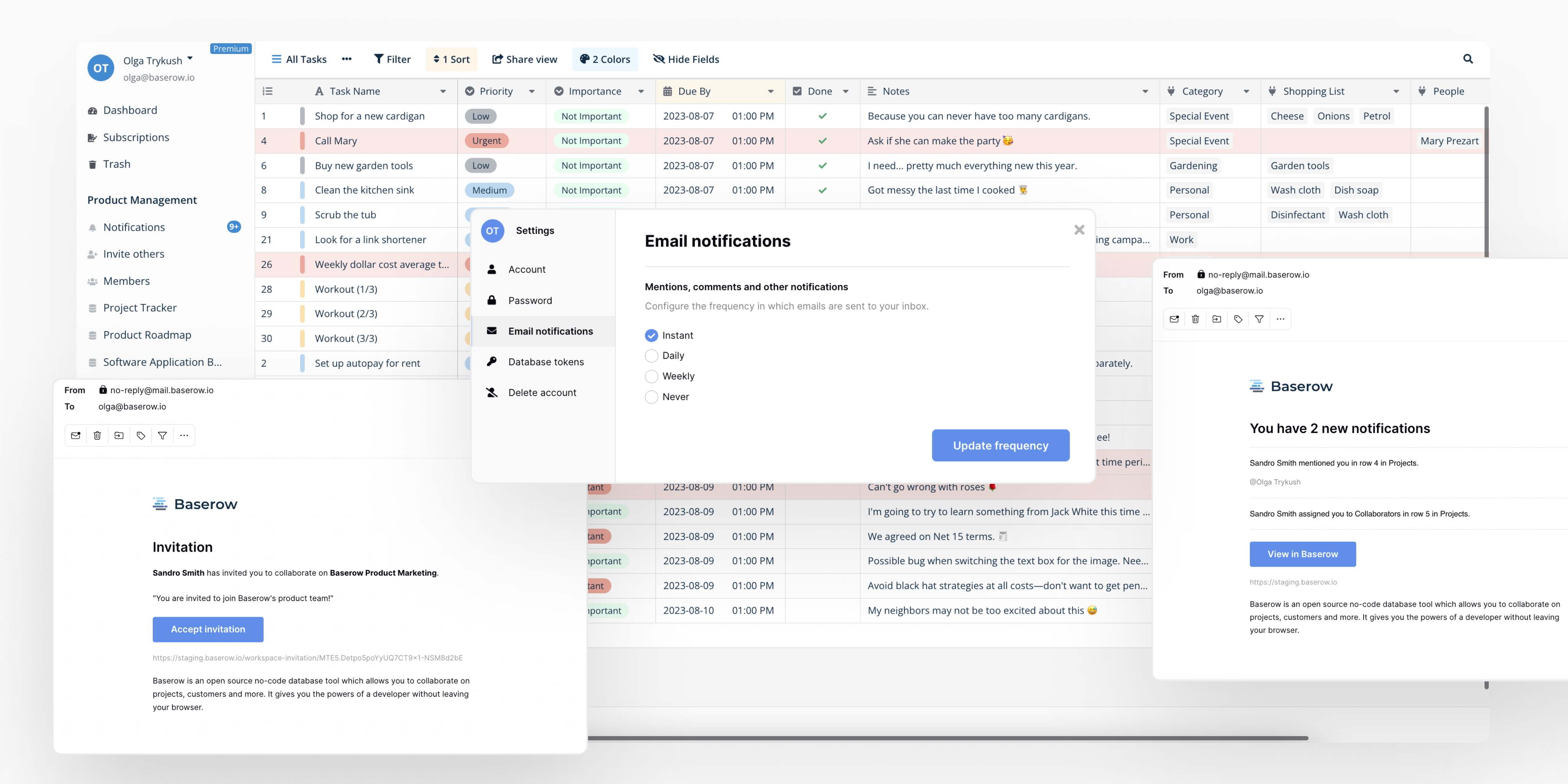 Настройки email-уведомлений Baserow