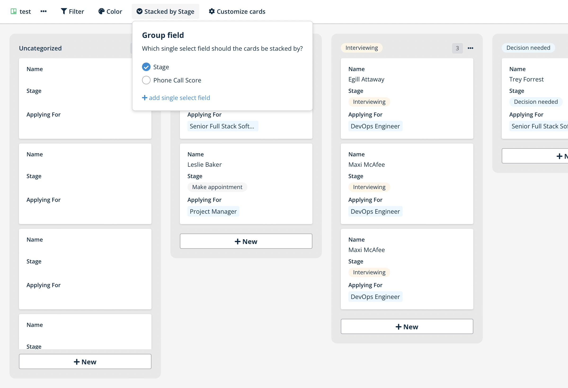 Выбор варианта в поле одиночного выбора Baserow