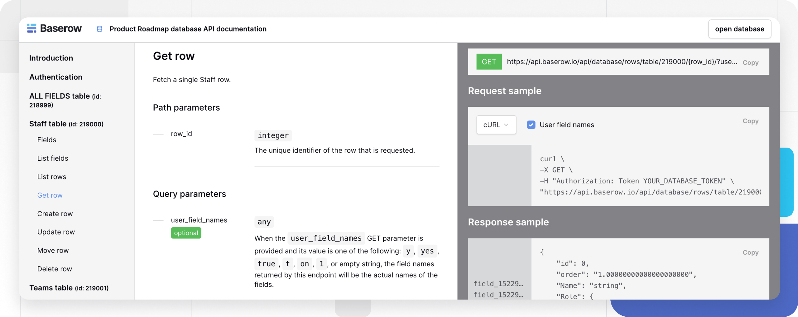 Документация REST API базы данных Baserow с эндпоинтом Get row, примерами запроса и ответа