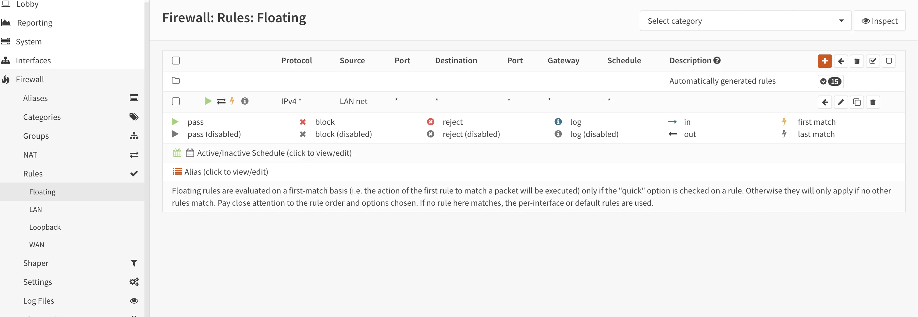 OPNsense floating firewall rules configuration