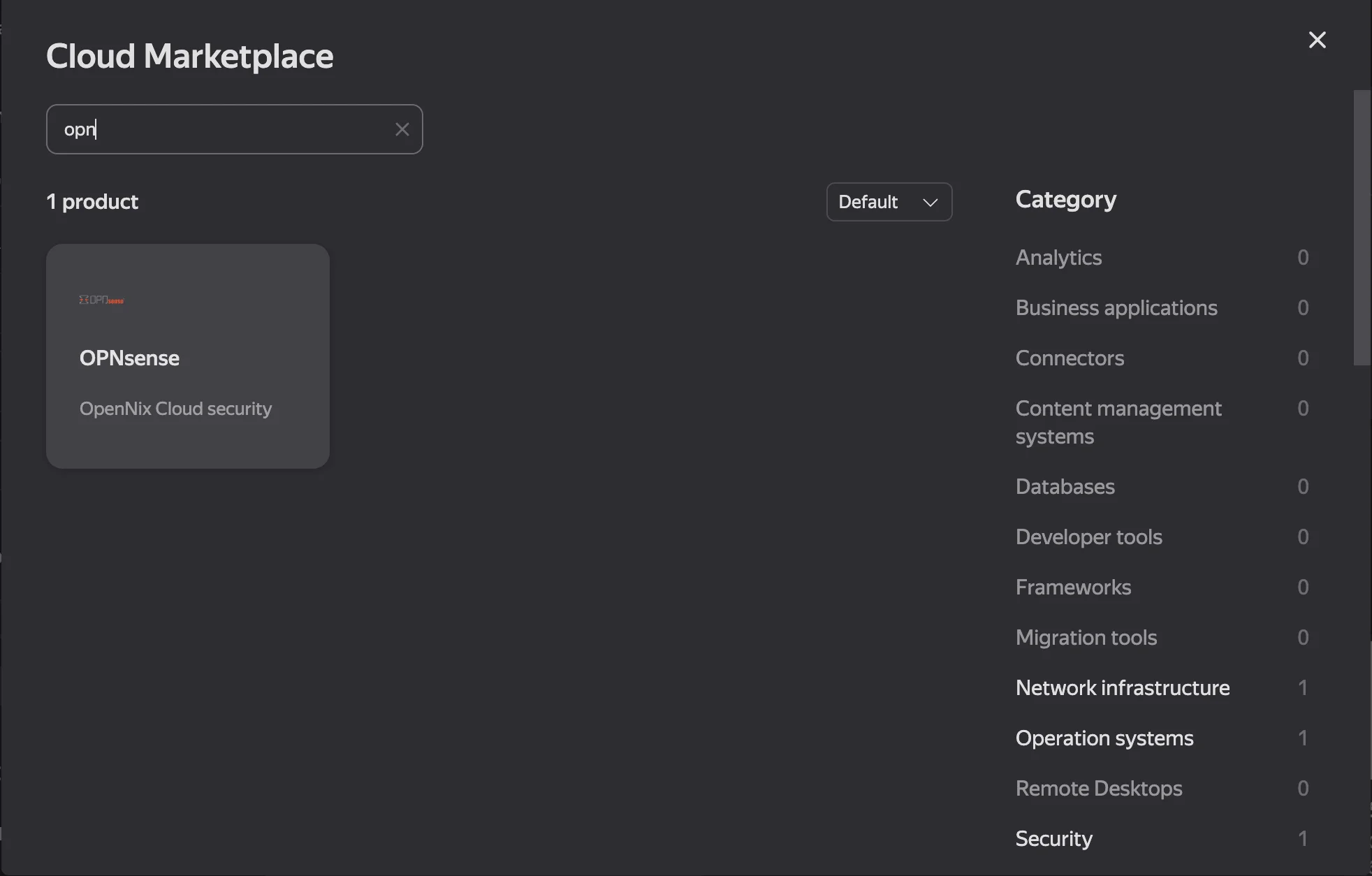 Поиск пакета OPNsense в Cloud Marketplace