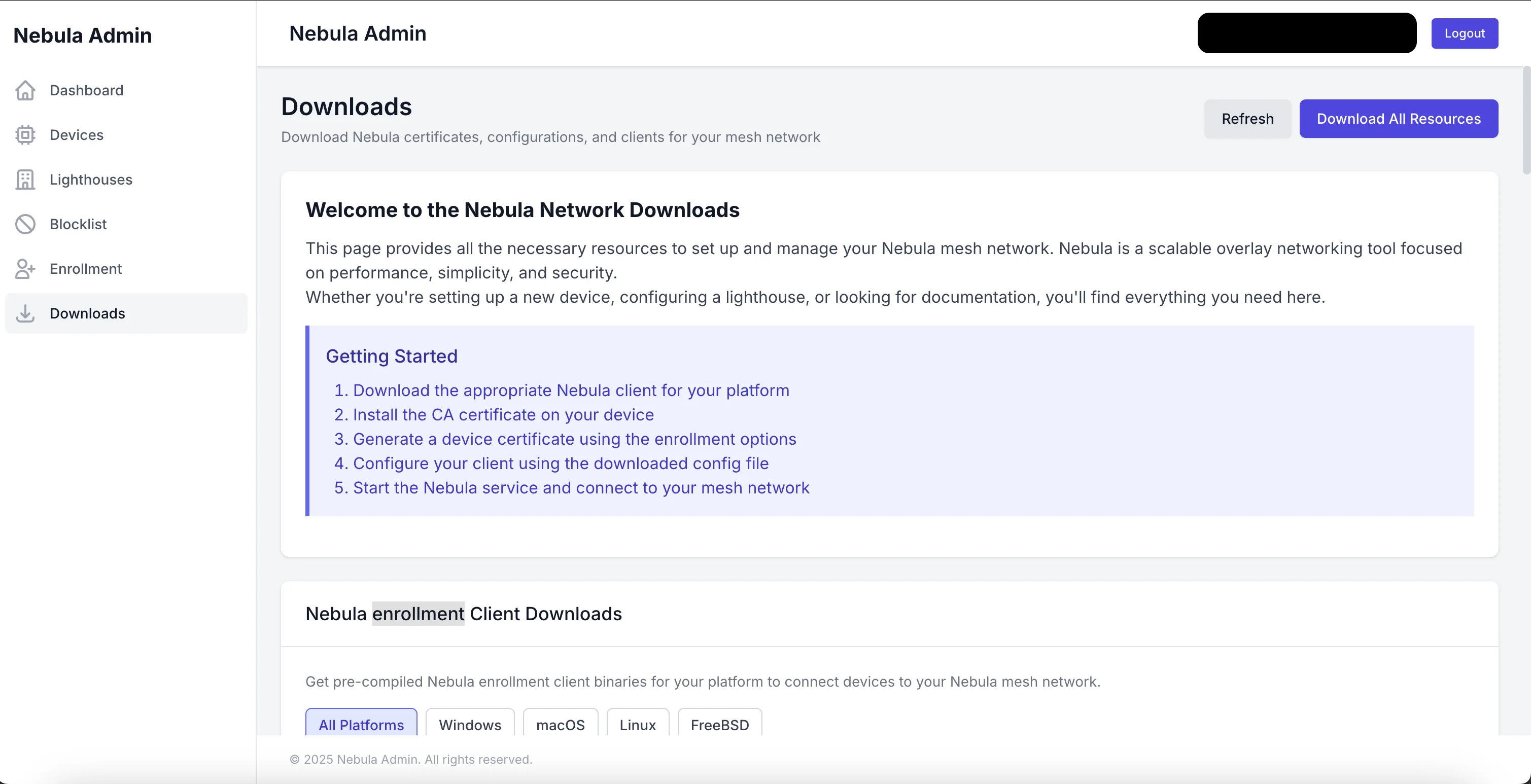 Nebula client download section for node registration
