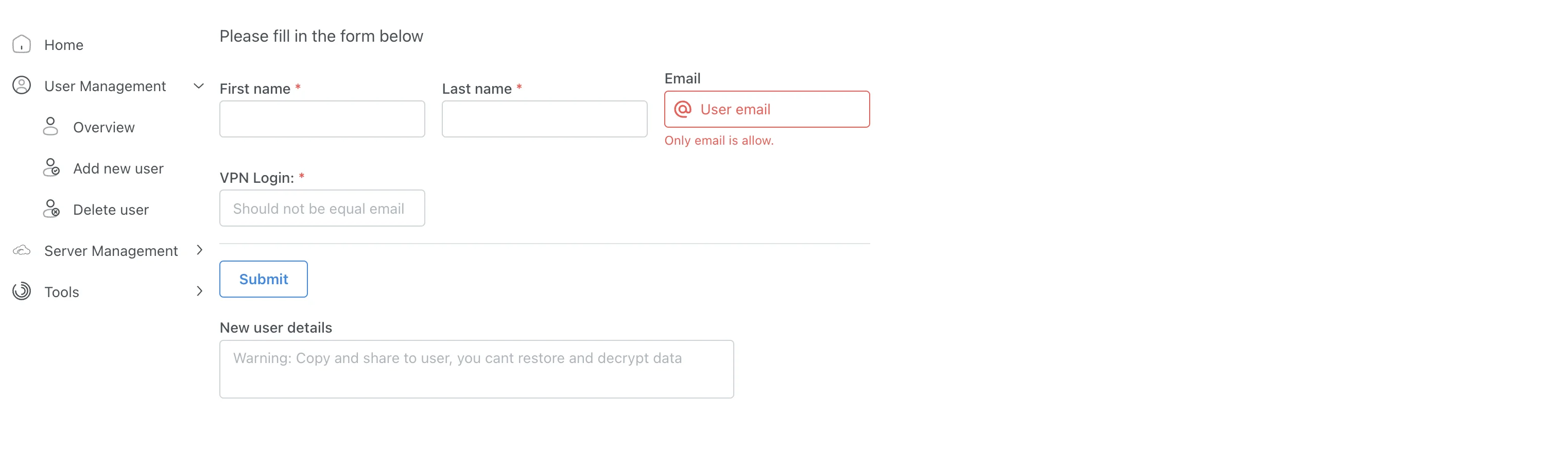Niflheim add new user form
