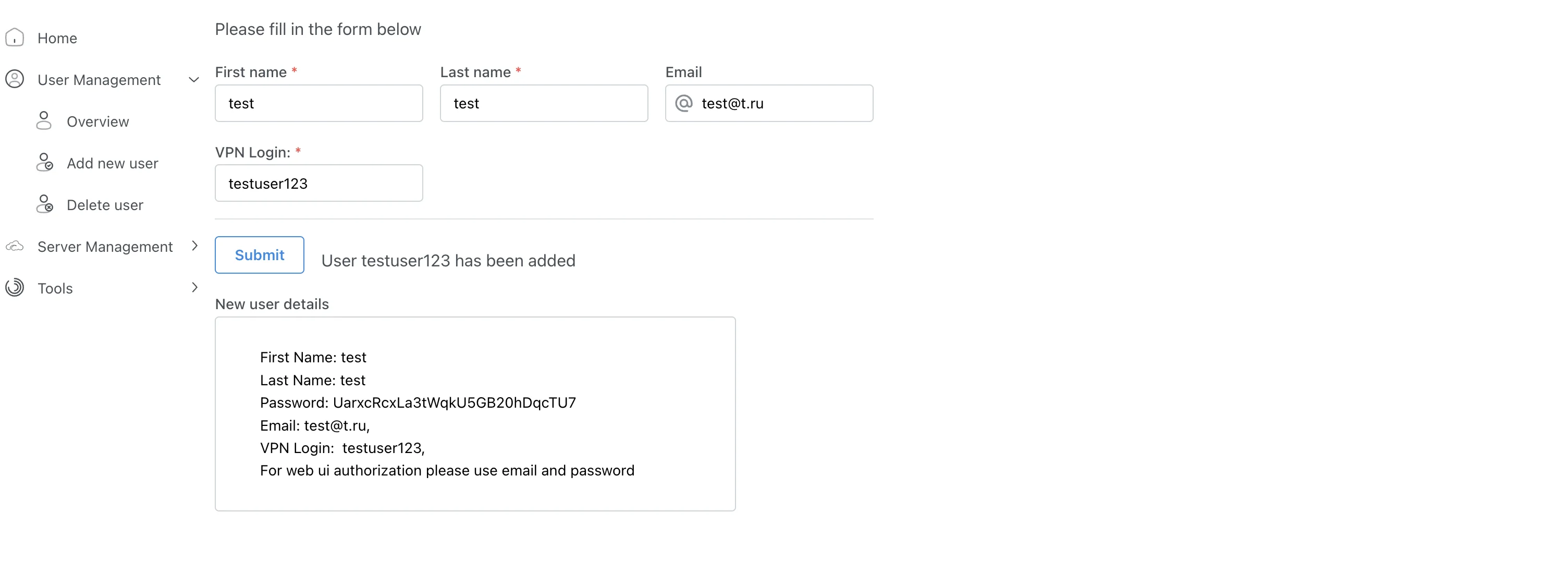 Niflheim user creation completion screen