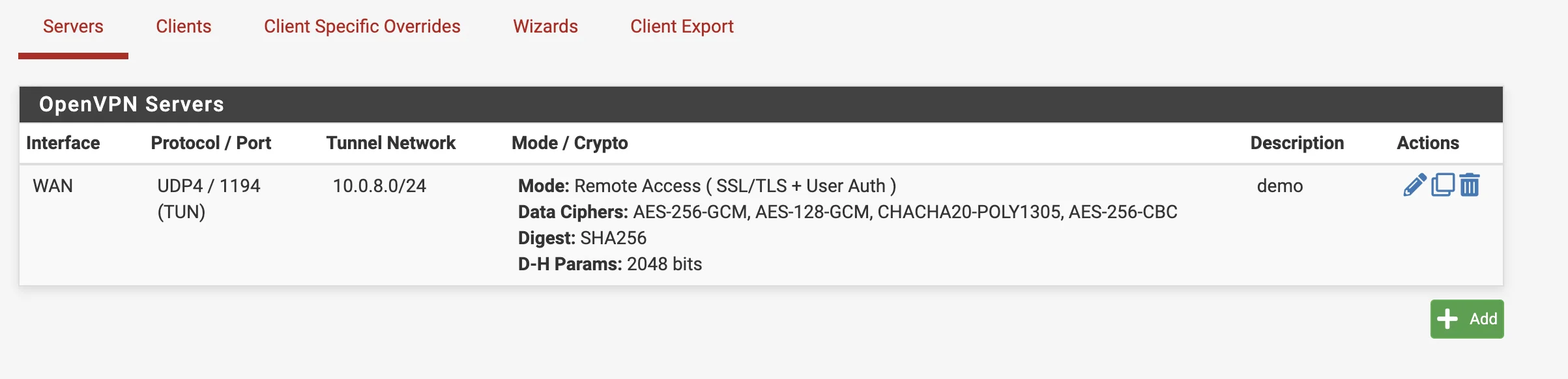 Список серверов OpenVPN в pfSense