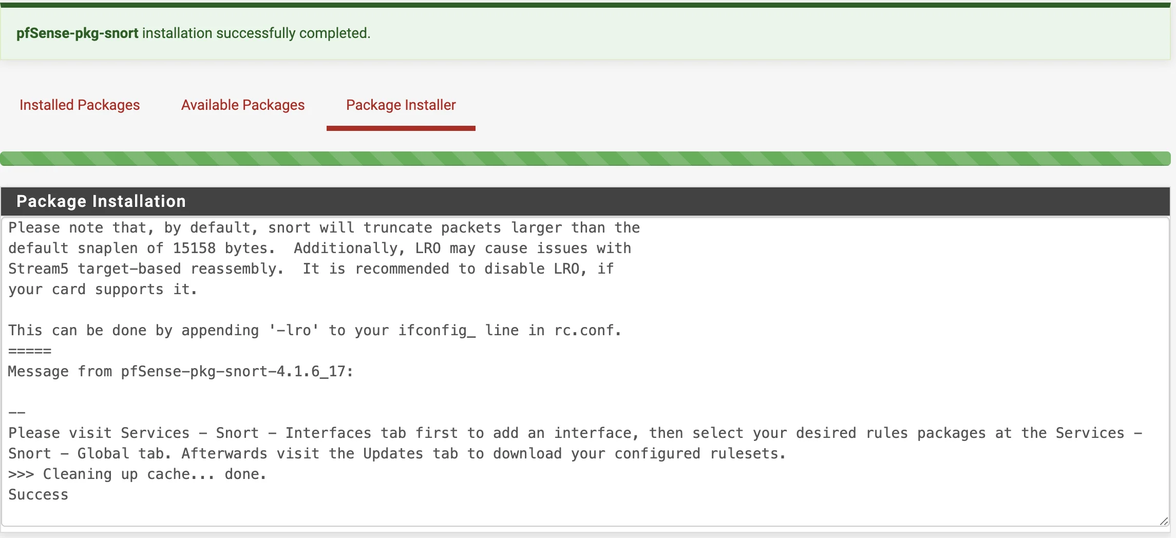 Snort installation completed in pfSense