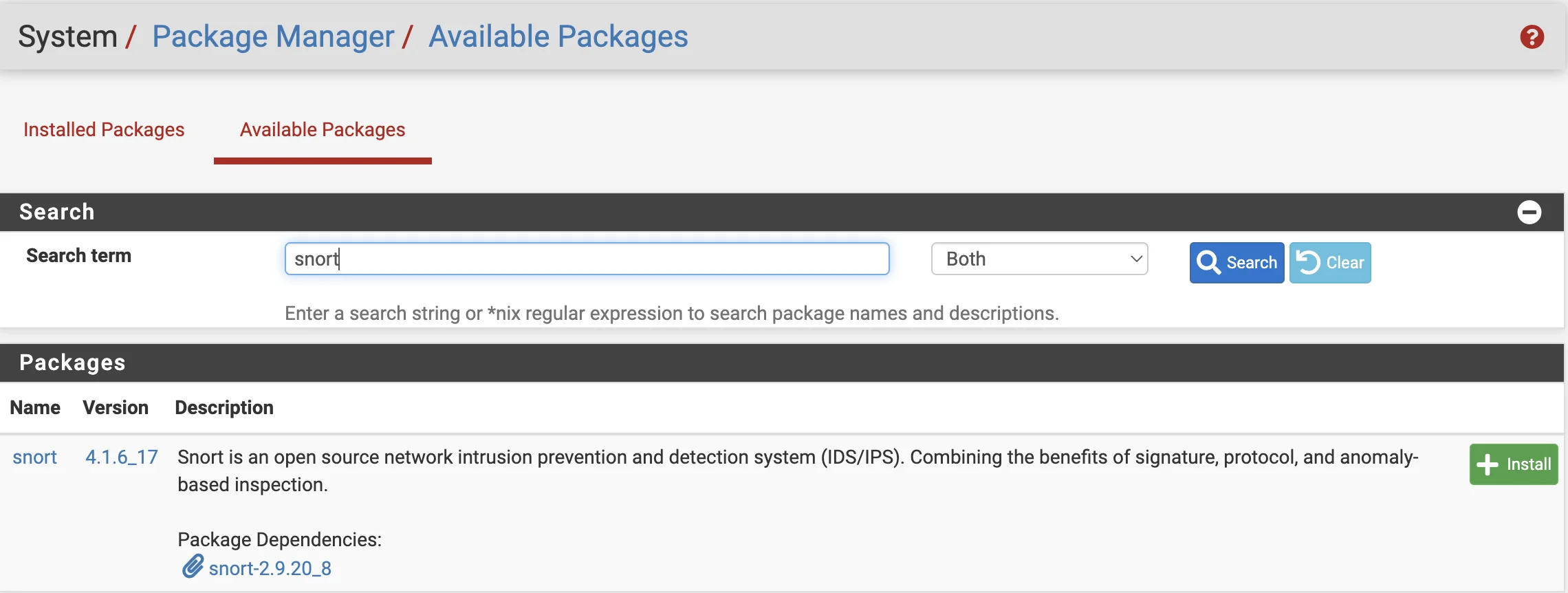 Installing Snort via pfSense package manager