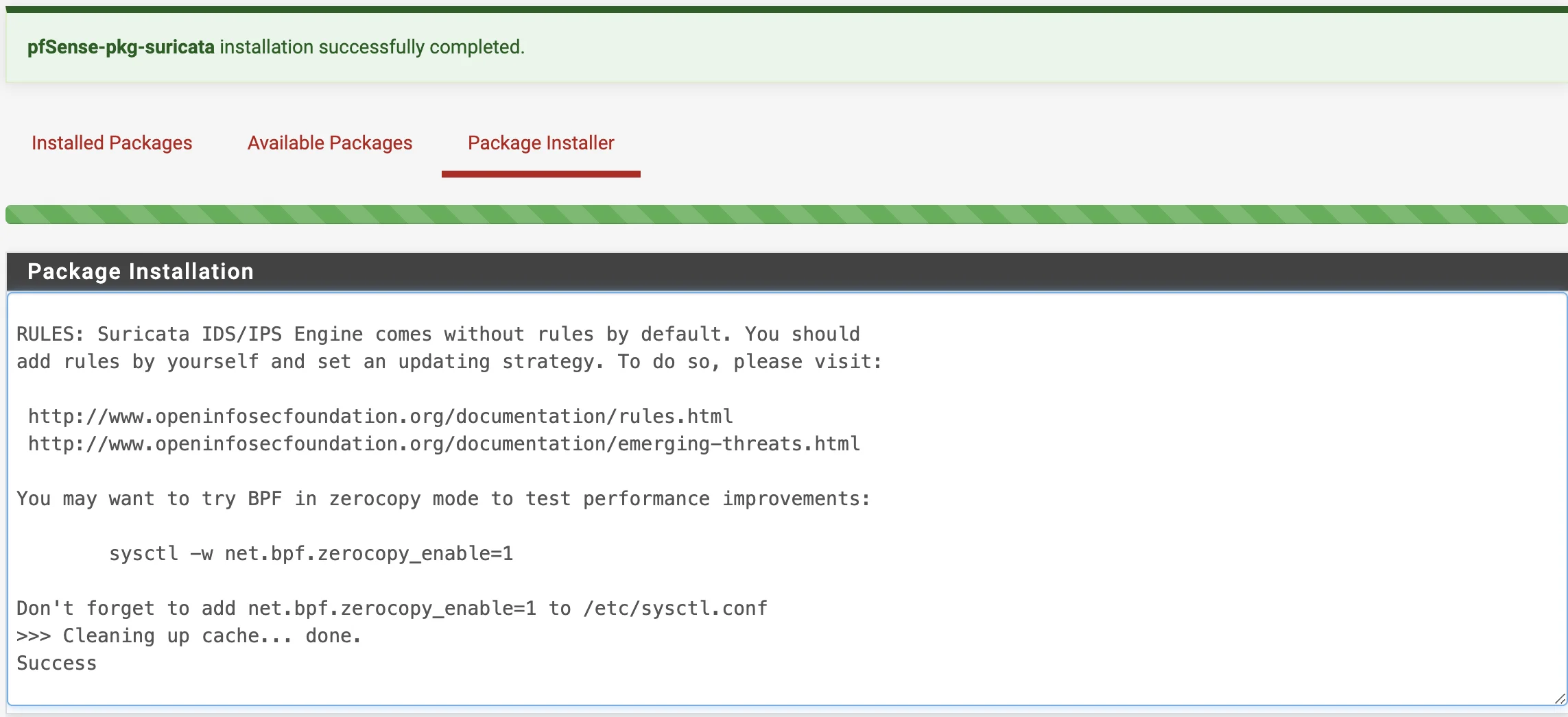 Завершение установки Suricata в pfSense
