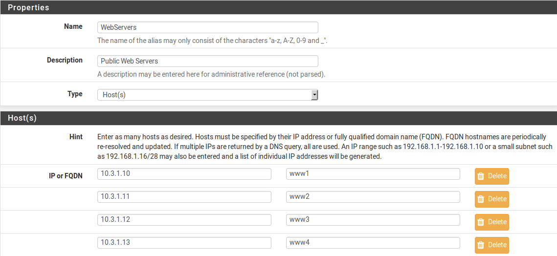 pfSense aliases list