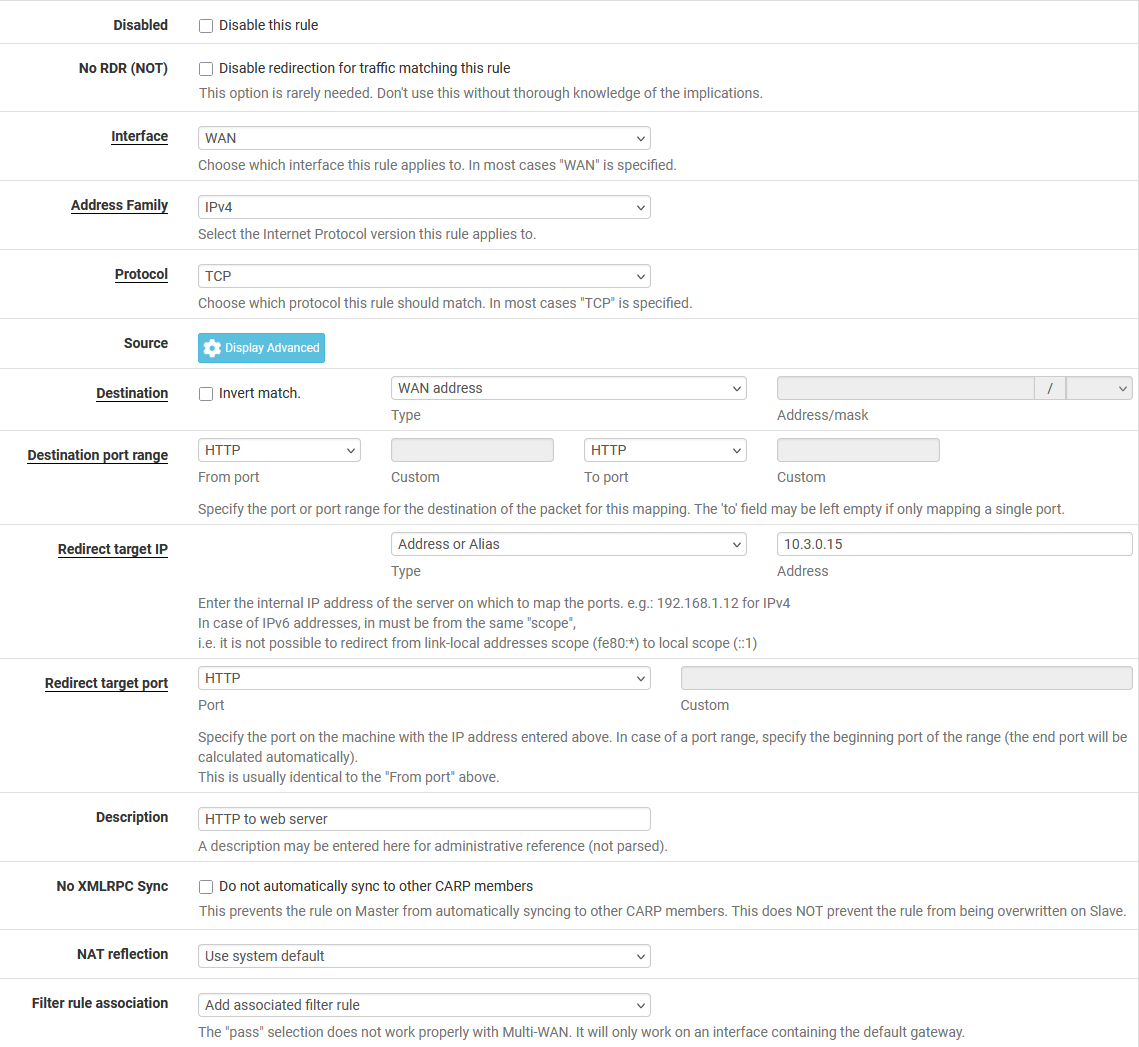 Port forward rule edit form
