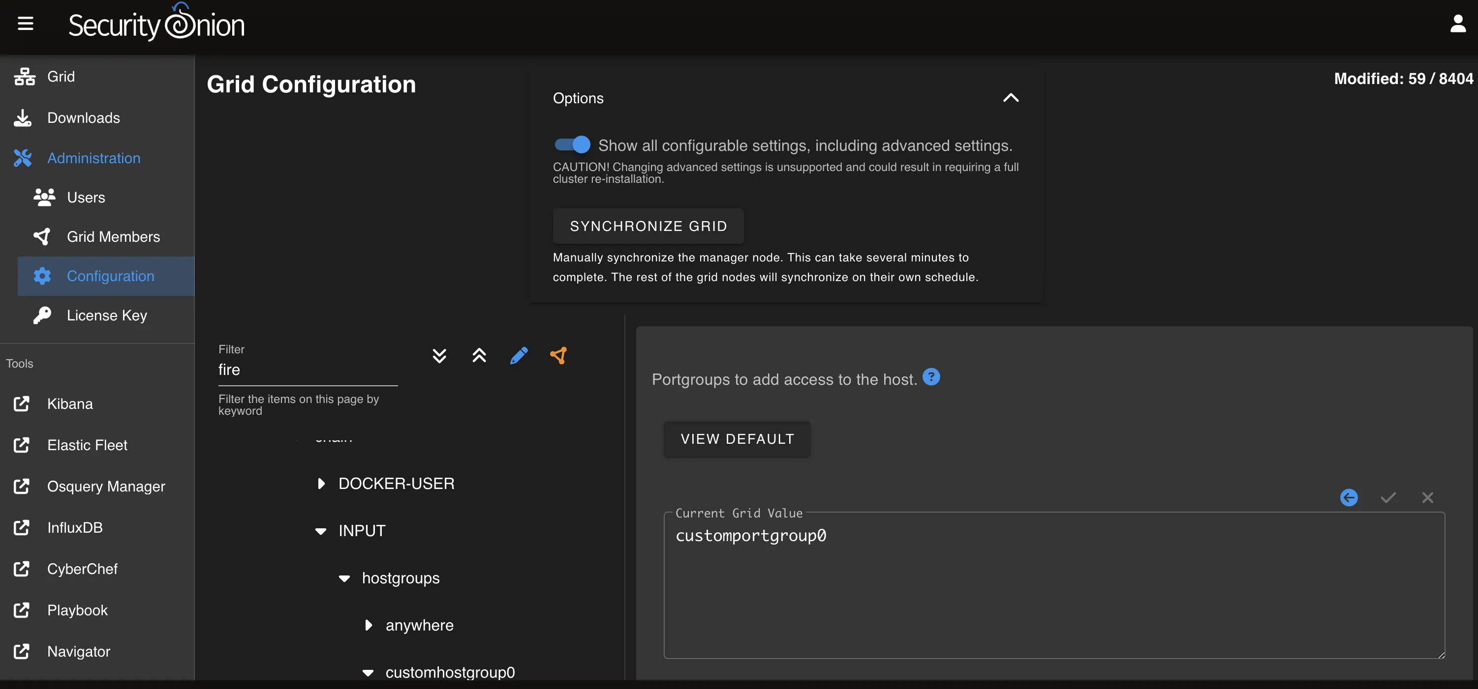Окно расширенных настроек SecurityOnion
