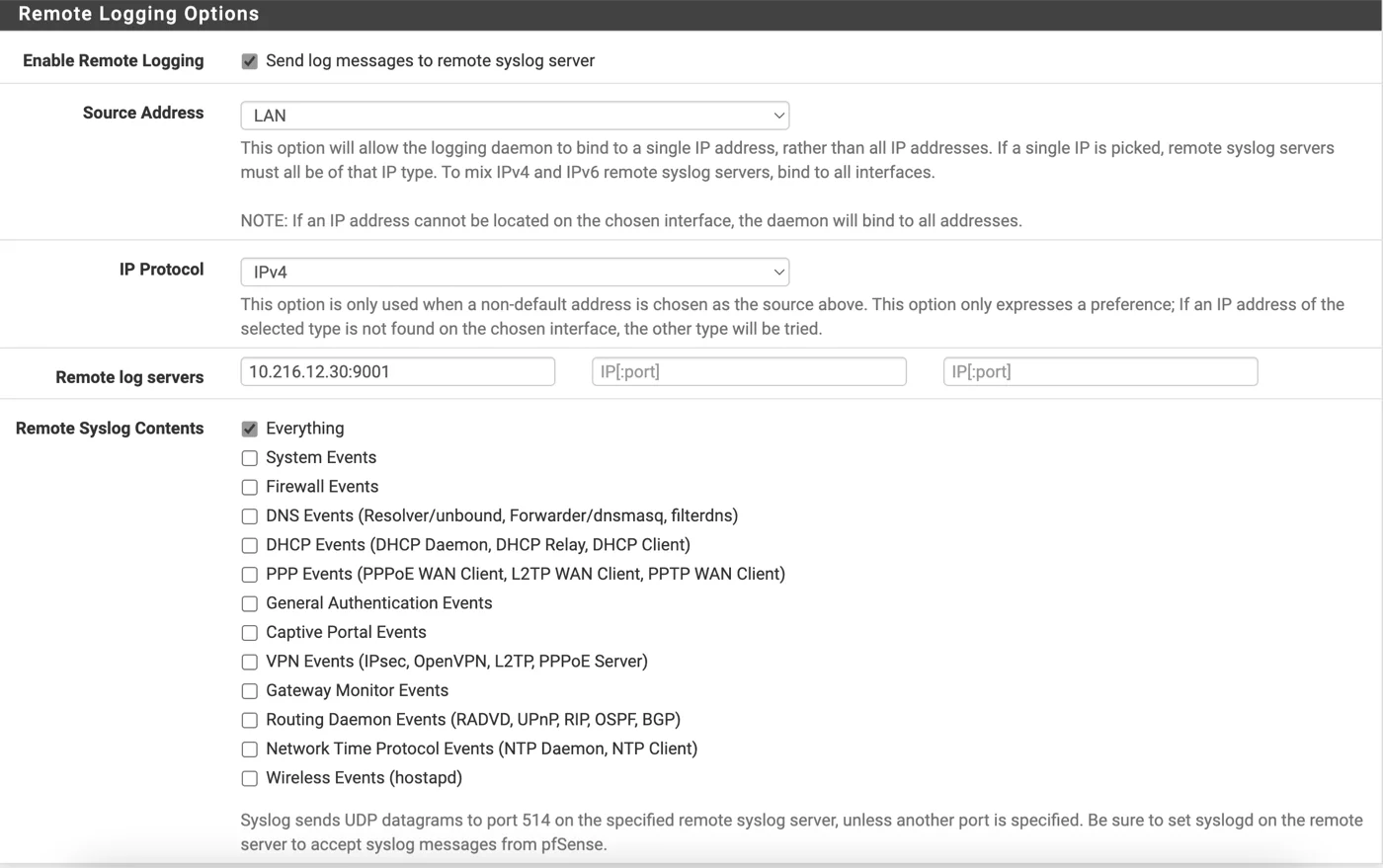 Настройка удаленного логирования pfSense