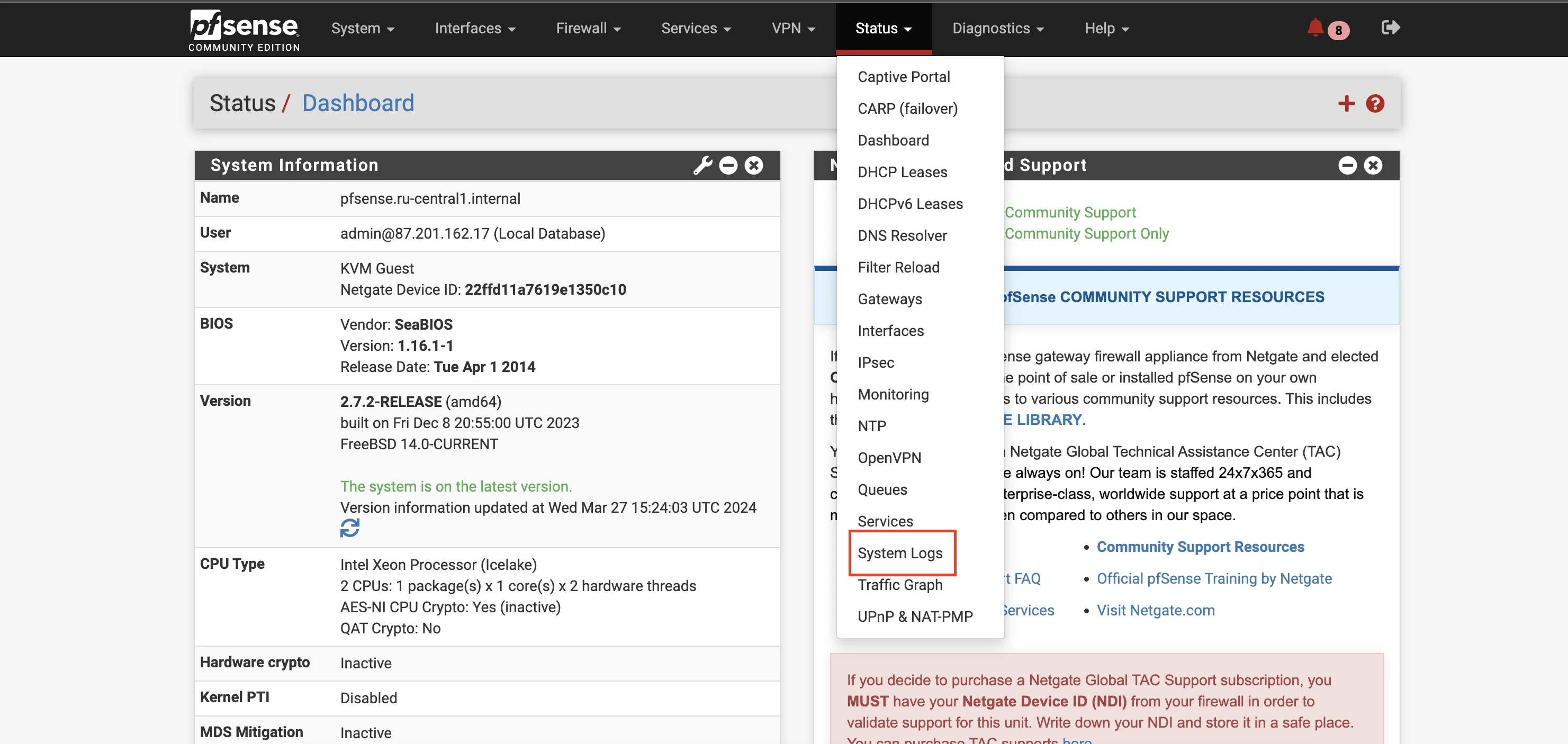 Настройка переадресации логов pfSense