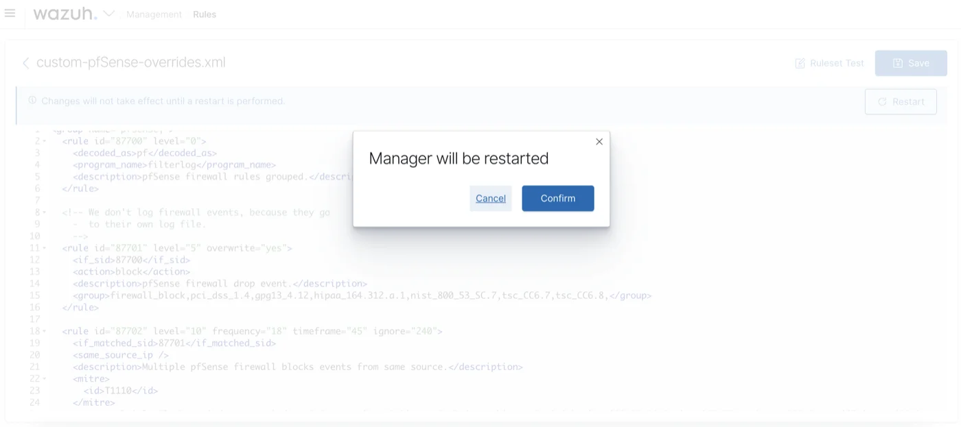 Wazuh settings confirmation dialog