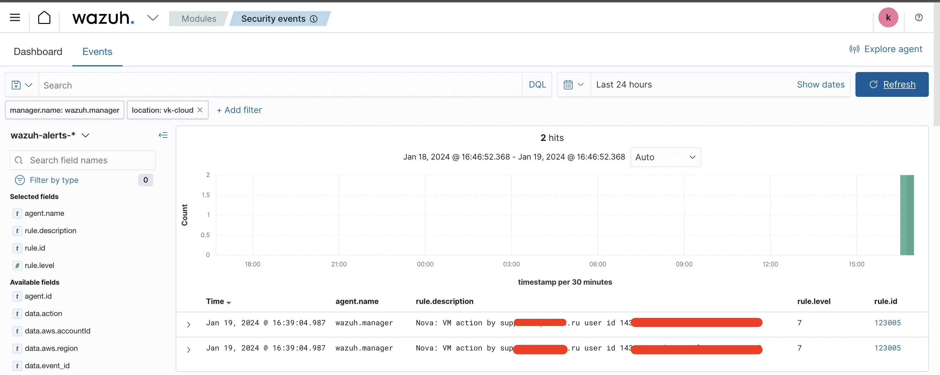 Примеры событий в веб-интерфейсе Wazuh для VK Cloud